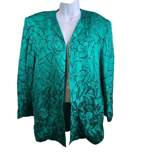 Vintage Flora Kung Women's Green Blue Floral 100% Silk Jacket Size 10‎ Elegant - Picture 1 of 10